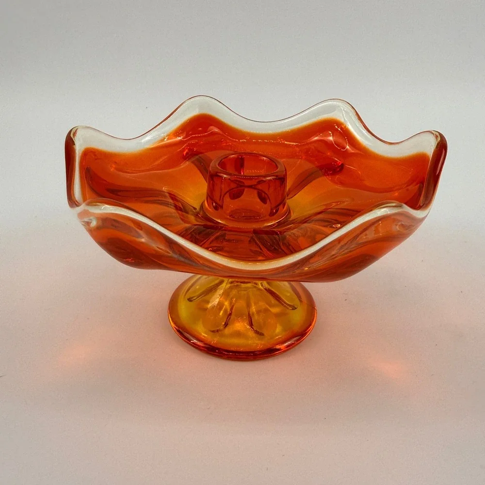 Viking Epic 6 Petal Persimmon Pedestal Taper Candle Holder Art Glass MCM